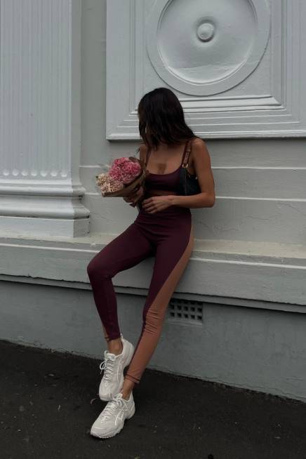 Kleidung Meshki Libby-Leggings mit zweifarbigem Einsatz Mahagoni/Tan 2F8B1475