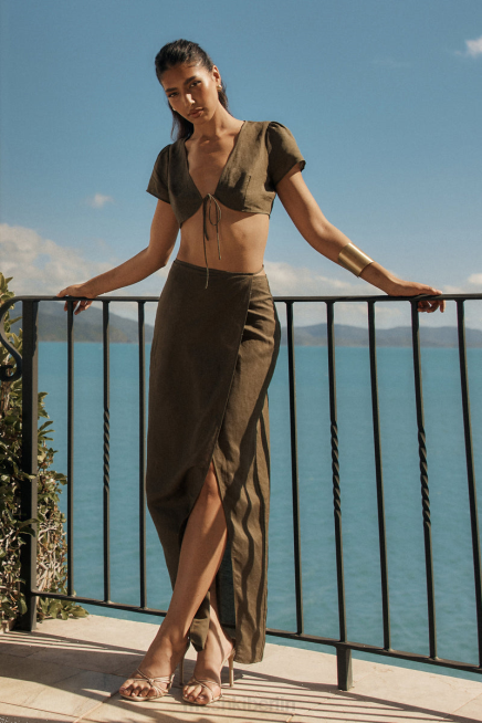 Kleidung Meshki Fatima-Wickel-Maxirock aus Leinen khaki 2F8B1230