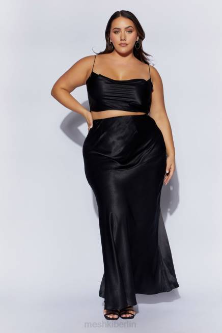 Kleidung Meshki Mohnblumen-Satin-Maxirock Schwarz 2F8B1527