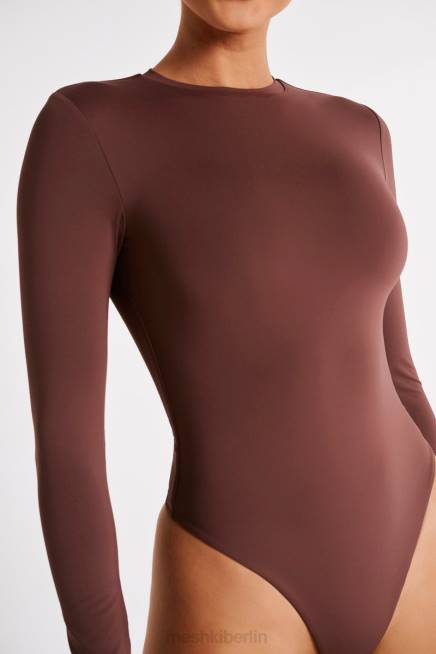 Kleidung Meshki Delilah-Body aus recyceltem Nylon mit langen Ärmeln und Rundhalsausschnitt Mokka 2F8B774