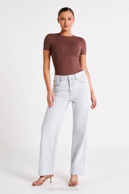 Kleidung Meshki Francesca-Body aus recyceltem Nylon mit Rundhalsausschnitt und kurzen Ärmeln Mokka 2F8B772