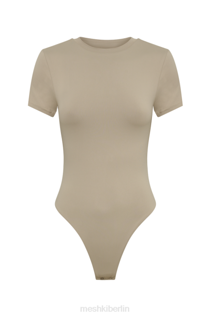 Kleidung Meshki Francesca-Body aus recyceltem Nylon mit Rundhalsausschnitt und kurzen Ärmeln Taupe 2F8B837