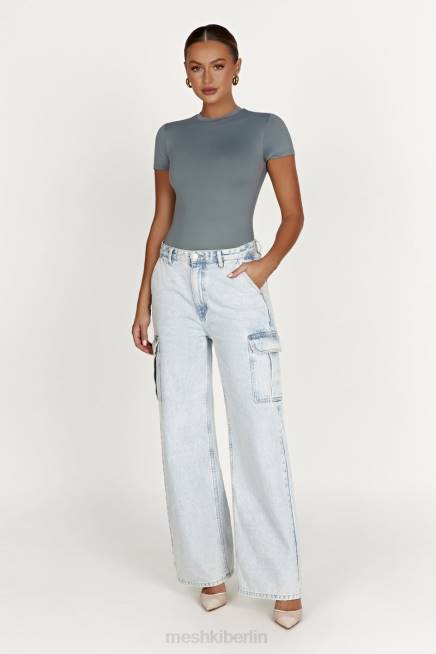 Kleidung Meshki Francesca-Body aus recyceltem Nylon mit Rundhalsausschnitt und kurzen Ärmeln helle Holzkohle 2F8B869