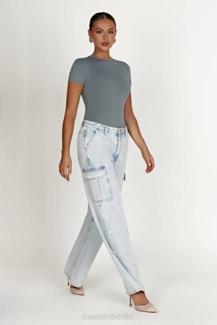 Kleidung Meshki Francesca-Body aus recyceltem Nylon mit Rundhalsausschnitt und kurzen Ärmeln helle Holzkohle 2F8B869