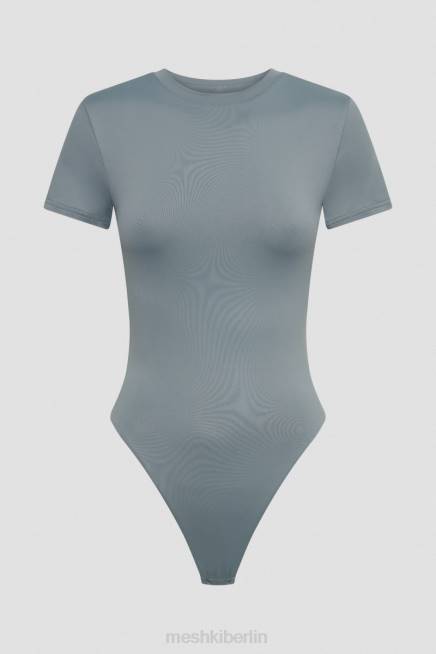 Kleidung Meshki Francesca-Body aus recyceltem Nylon mit Rundhalsausschnitt und kurzen Ärmeln helle Holzkohle 2F8B869