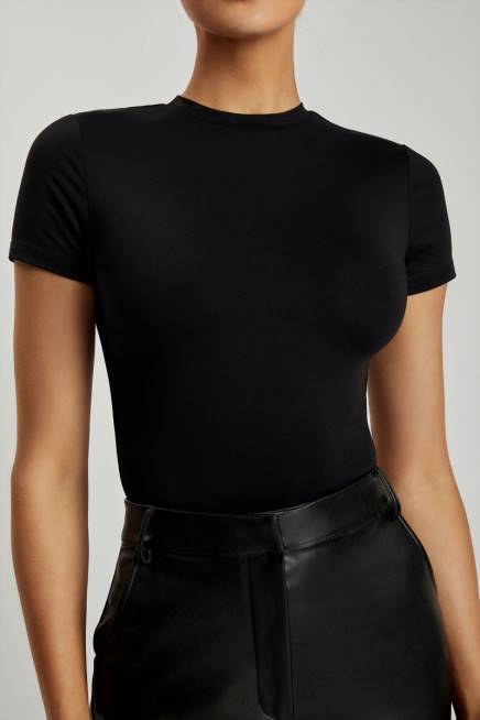 Kleidung Meshki Francesca Kurzarm-Body mit Rundhalsausschnitt Schwarz 2F8B962