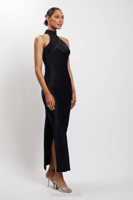 Kleidung Meshki Claire-Satin-Maxikleid mit drapiertem Rücken und Schlitz Schwarz 2F8B101