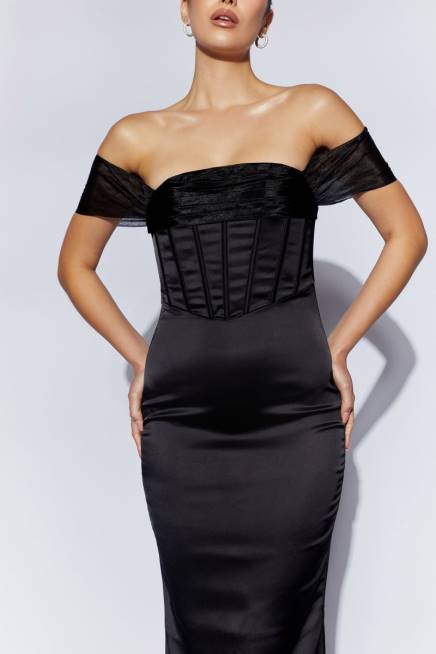 Kleidung Meshki Immer schulterfreies Maxikleid aus Organza-Satin Schwarz 2F8B430