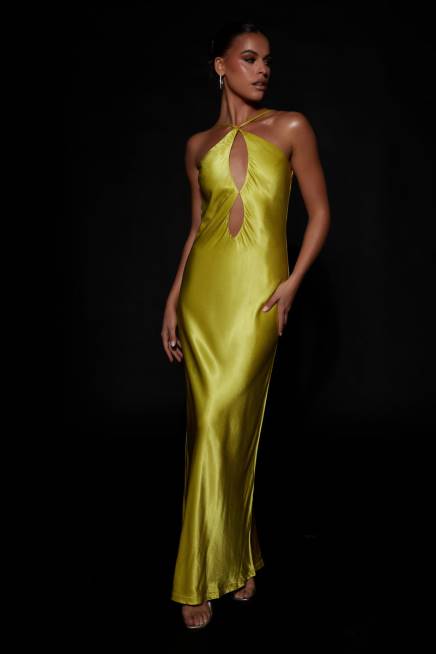 Kleidung Meshki Lucia Satin-Maxikleid mit Cut-Outs Chartreuse 2F8B530