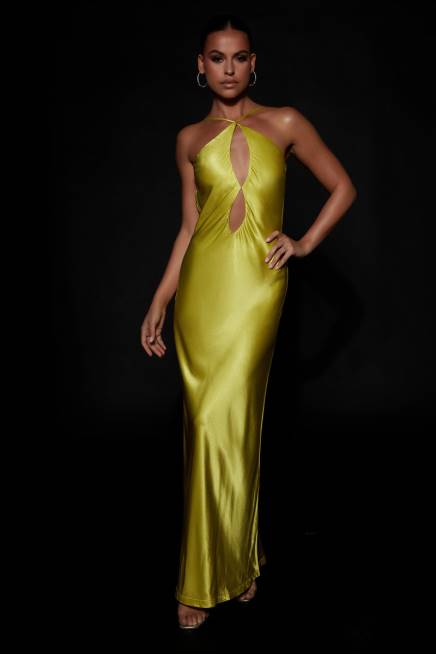 Kleidung Meshki Lucia Satin-Maxikleid mit Cut-Outs Chartreuse 2F8B530