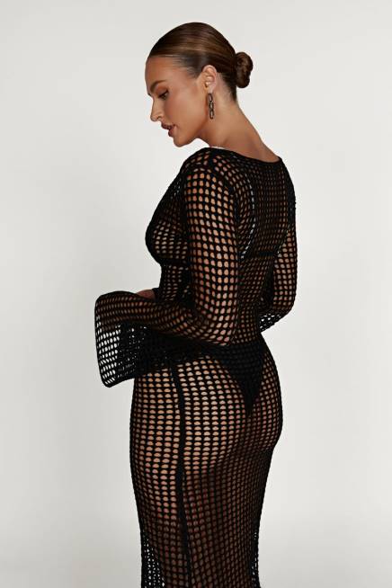 Kleidung Meshki Murphy-Häkel-Maxikleid mit langen Ärmeln Schwarz 2F8B740