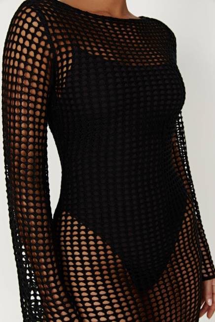 Kleidung Meshki Murphy-Häkel-Maxikleid mit langen Ärmeln Schwarz 2F8B740