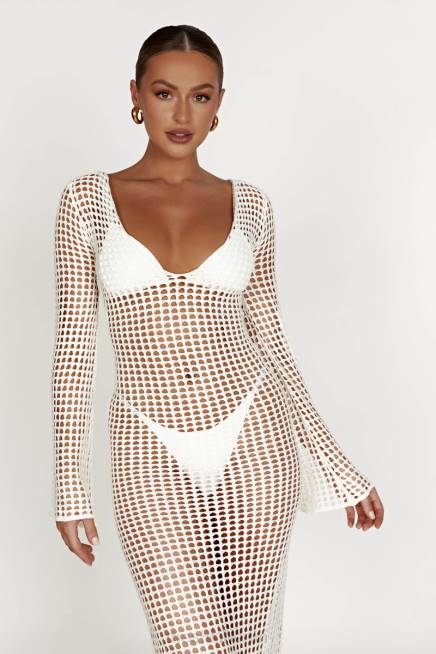 Kleidung Meshki Murphy-Häkel-Maxikleid mit langen Ärmeln Weiß 2F8B500