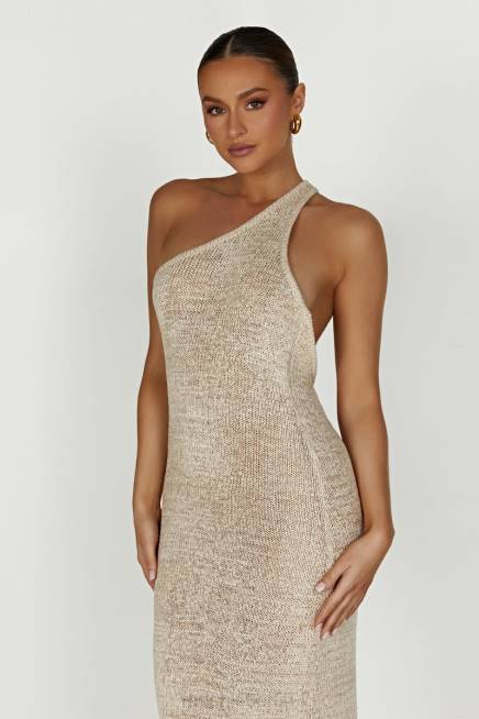 Kleidung Meshki Paisley-Maxikleid mit One-Shoulder-Strick Weizen 2F8B459