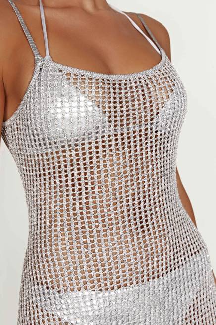 Kleidung Meshki Zelda-Pailletten-Häkel-Maxikleid Silber 2F8B502