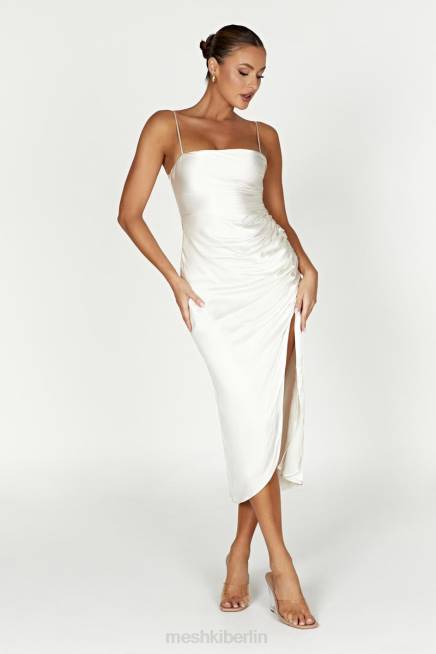 Kleidung Meshki Claudette drapiertes Midikleid aus Satin Elfenbein 2F8B567