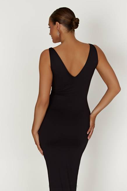 Kleidung Meshki Gretel Midikleid aus recyceltem Nylon mit V-Ausschnitt Schwarz 2F8B310