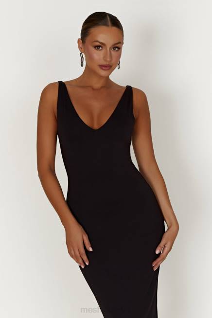 Kleidung Meshki Gretel Midikleid aus recyceltem Nylon mit V-Ausschnitt Schwarz 2F8B310