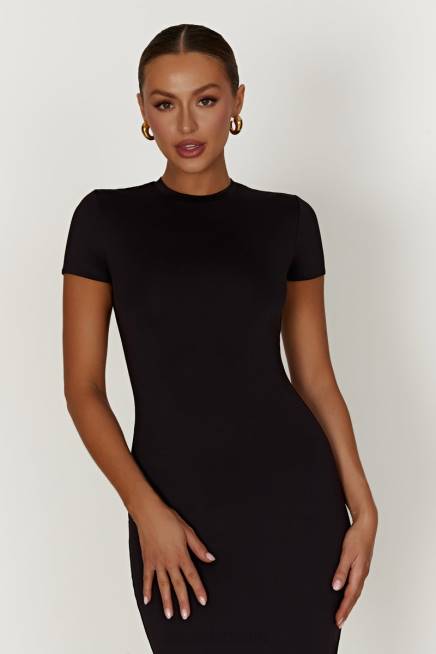 Kleidung Meshki Penny-Midikleid aus recyceltem Nylon mit kurzen Ärmeln Schwarz 2F8B349