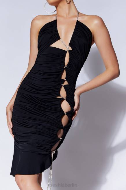 Kleidung Meshki Shelby-Kleid mit asymmetrischem Saum und diamantbesetztem Neckholder-Seil Schwarz 2F8B681