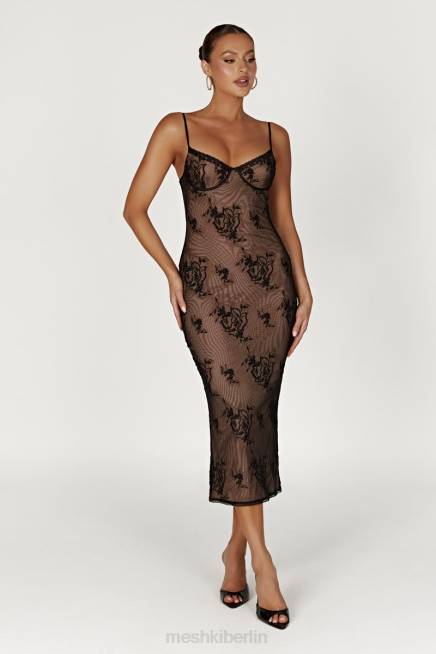 Kleidung Meshki Venezia besticktes Mesh-Midikleid Schwarz 2F8B115