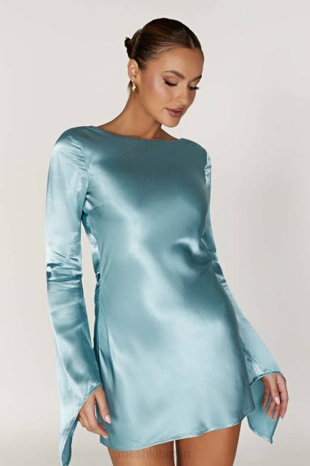Kleidung Meshki Davina Satin-Minikleid mit langen Ärmeln puderblau 2F8B347