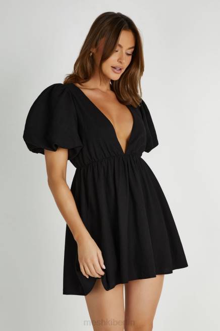 Kleidung Meshki Myrah-Minikleid aus Leinen mit Puffärmeln Schwarz 2F8B226