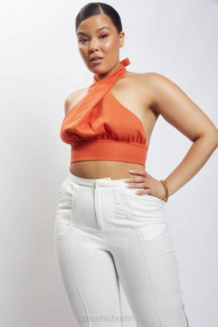 Kleidung Meshki Piper Neckholder-Crop-Top aus Leinen Terrakotta 2F8B1114