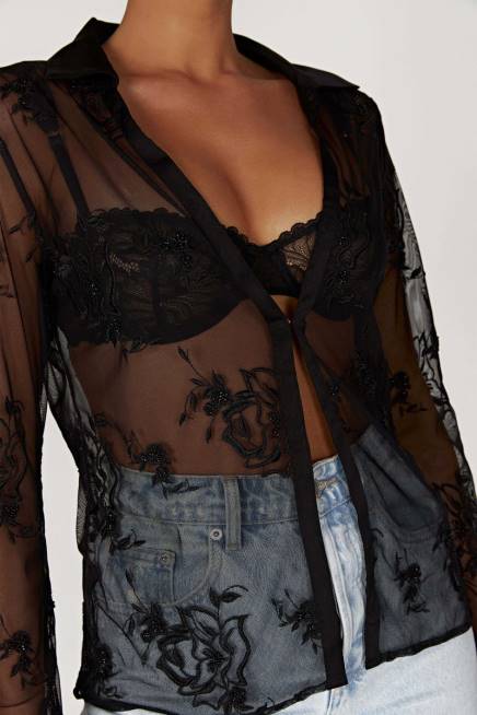 Kleidung Meshki Vivica besticktes Netzhemd Schwarz 2F8B991