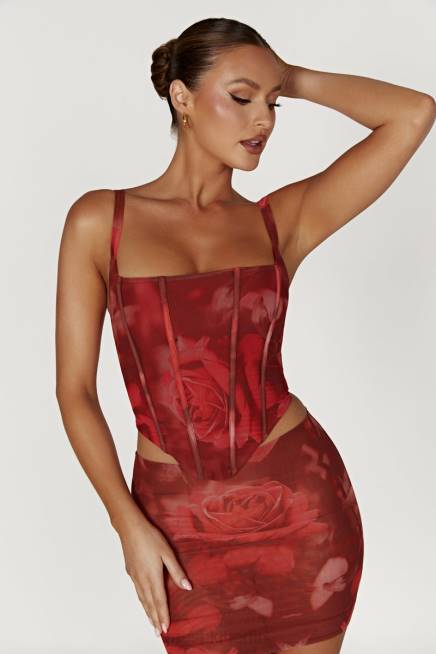 Kleidung Meshki Joanie Mesh-Schnürkorsett übergroßer Rosendruck 2F8B896