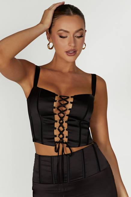 Kleidung Meshki Scharlachrotes Korsett-Oberteil aus Satin Schwarz 2F8B971