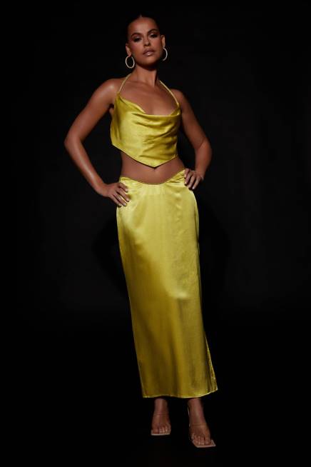 Kleidung Meshki Christie Strass-Oberteil mit Wasserfallausschnitt Chartreuse 2F8B1028