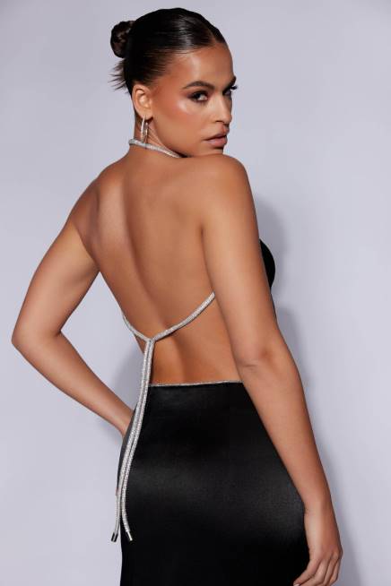 Kleidung Meshki Christie Strass-Oberteil mit Wasserfallausschnitt Schwarz 2F8B1116