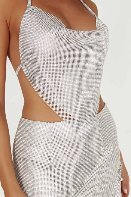 Kleidung Meshki Daphne Diamante Neckholder-Top mit Wasserfallausschnitt Silber 2F8B811