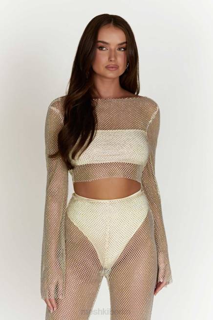 Kleidung Meshki Hilton Diamonde Mesh Cowl Top Creme 2F8B813