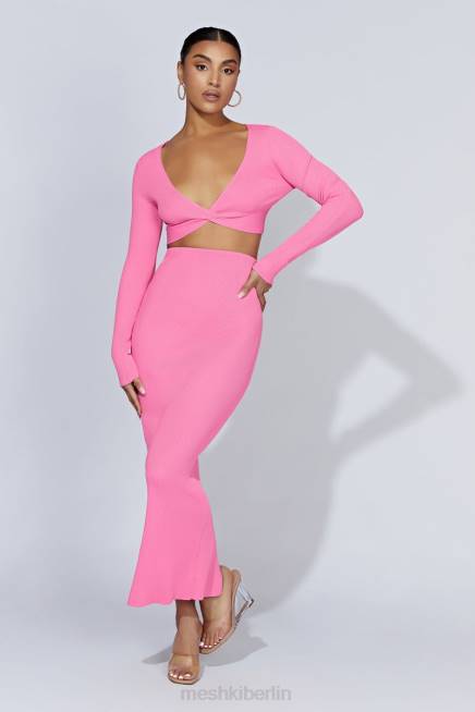 Kleidung Meshki Kaesha langärmliges Strickoberteil mit verdrehter Vorderseite Kaugummirosa 2F8B1070