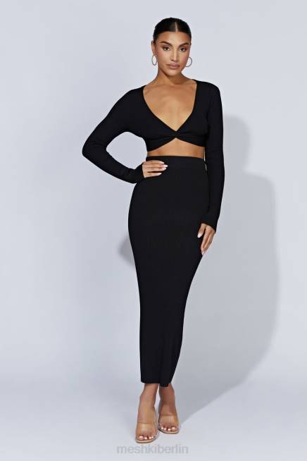 Kleidung Meshki Kaesha langärmliges Strickoberteil mit verdrehter Vorderseite Schwarz 2F8B903