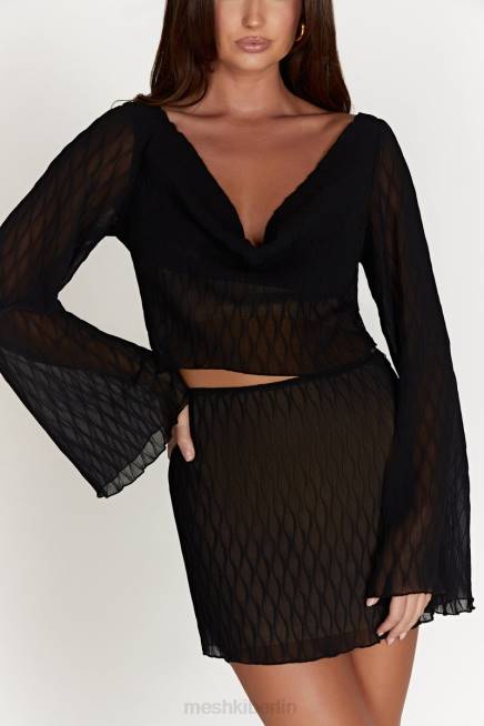 Kleidung Meshki Oberteil mit ausgestellten Ärmeln und Falten in Efeu-Welle Schwarz 2F8B1074