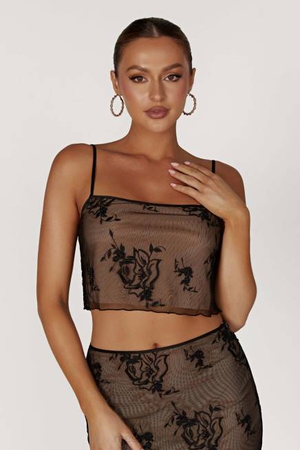 Kleidung Meshki Xena besticktes Mesh-Cami-Top Schwarz 2F8B888