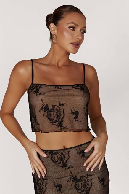 Kleidung Meshki Xena besticktes Mesh-Cami-Top Schwarz 2F8B888